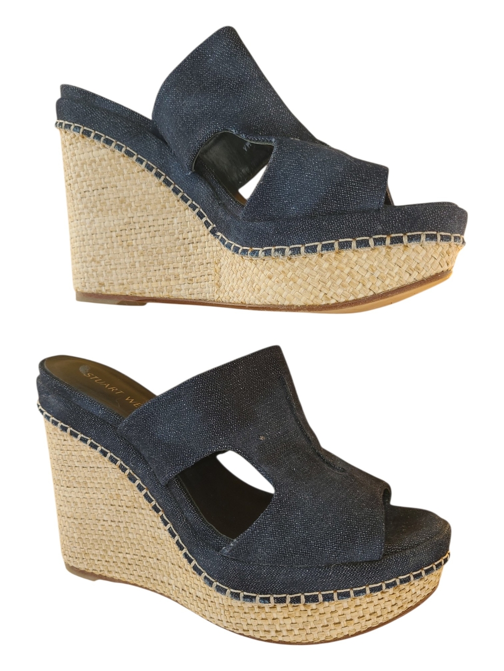 Stuart Weitzman Denim Open-Toe Platform Mules 4" Wedge Espadrilles *